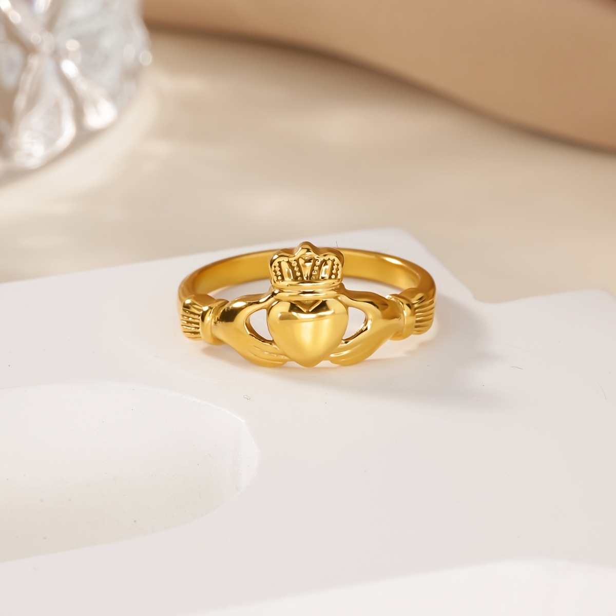 Cute Golden Stainless Steel Heart-Shaped Crown Ring